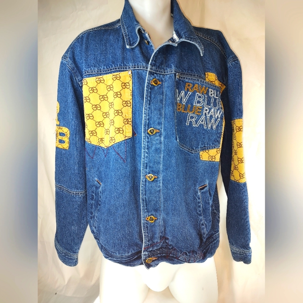 Raw Blue Mens Jacket Blue Denim Logo Button Front Stitch Design Pockets Size L